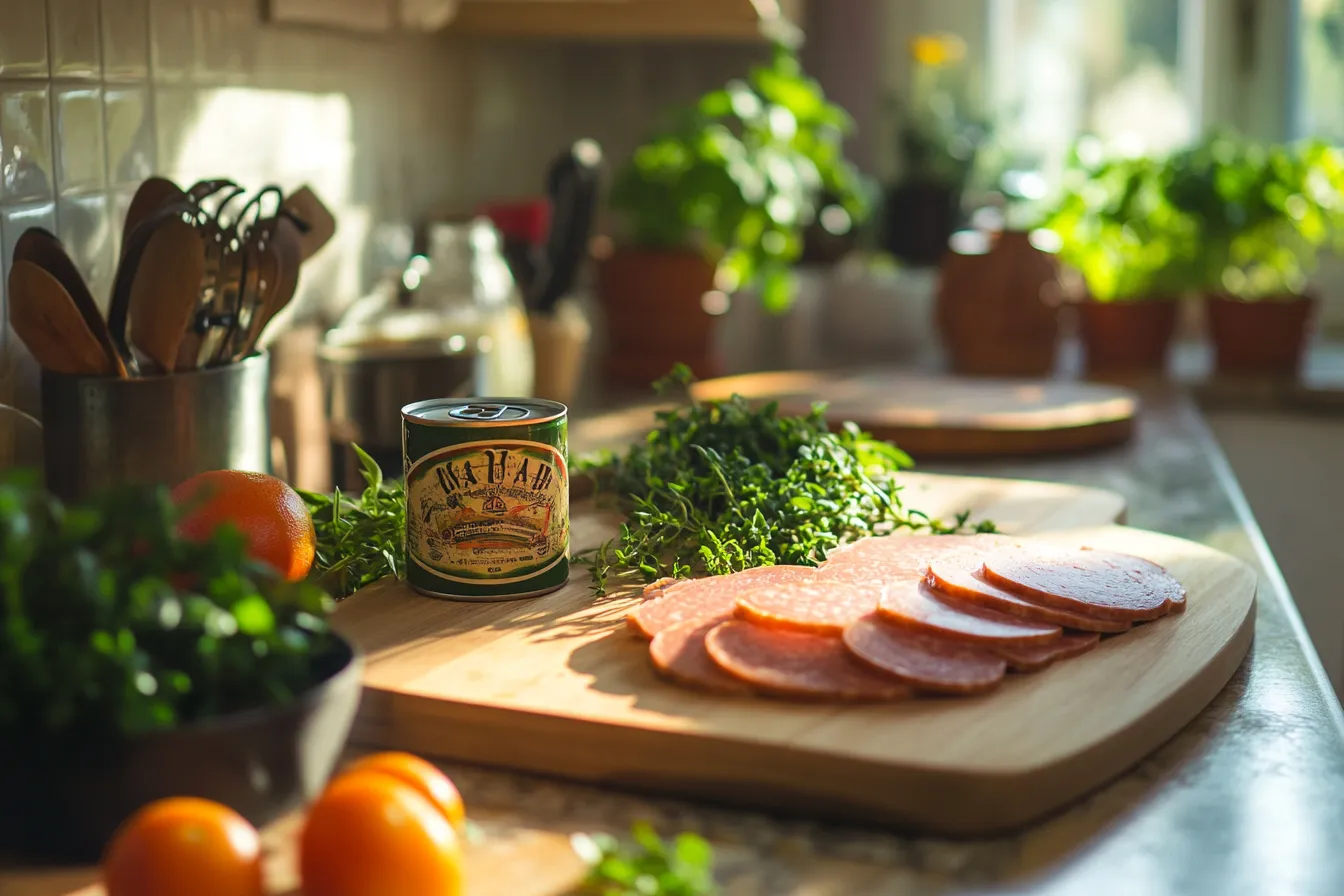 A can of Spam with sliced portions and fresh vegetables on a kitchen counter