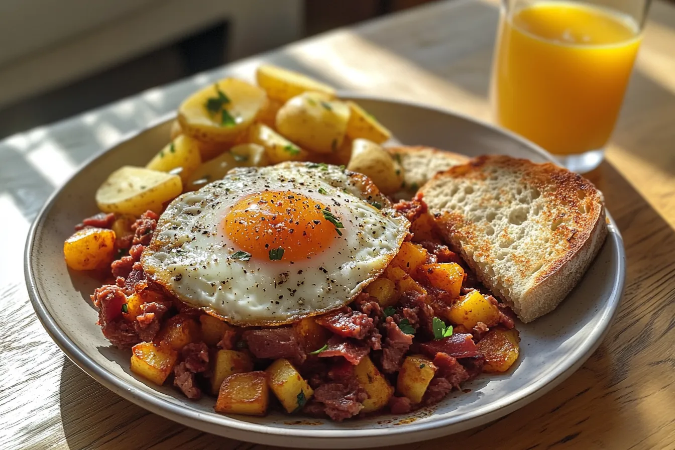 A breakfast plate with corned beef hash, eggs, and toast.