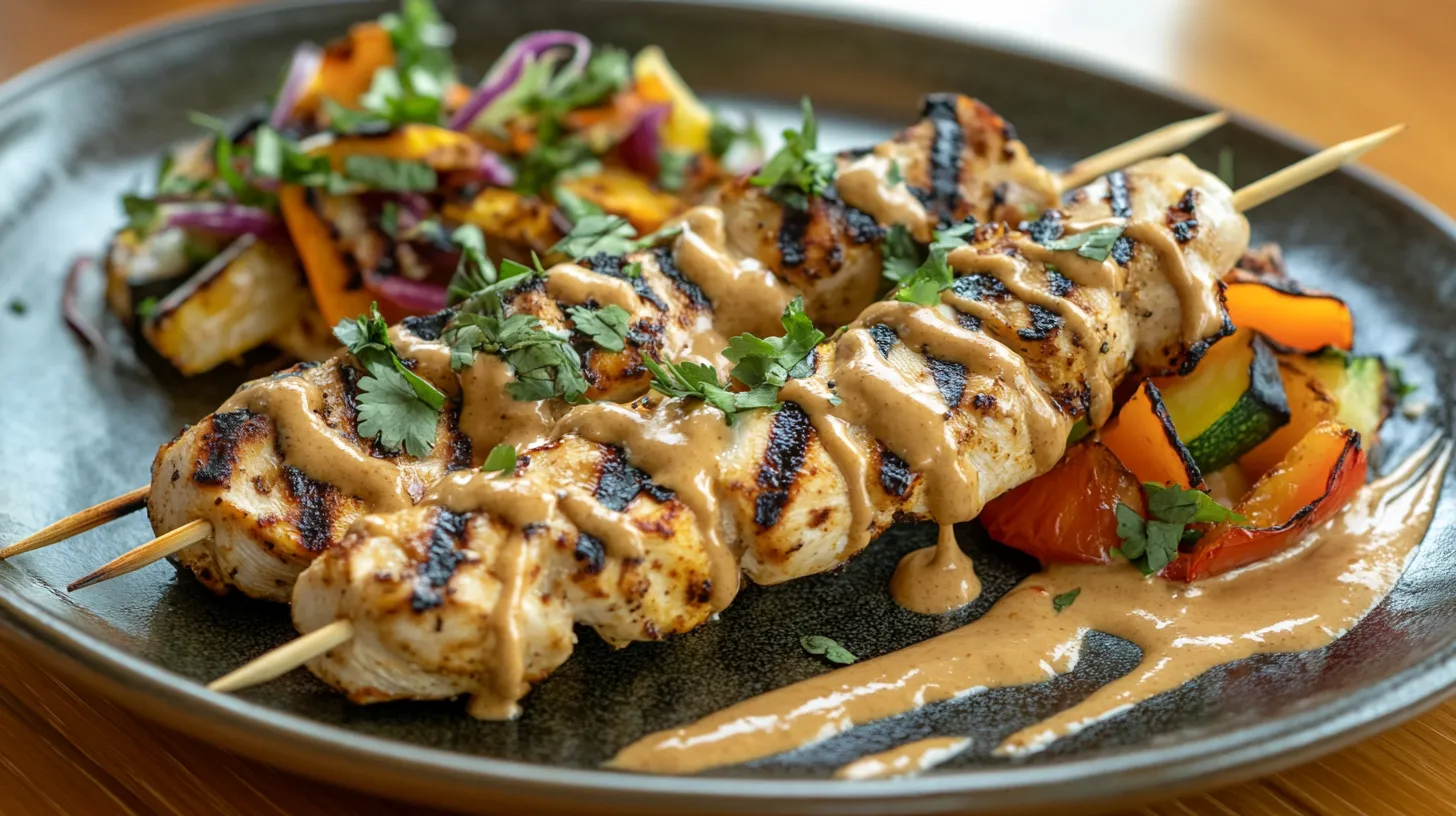 Grilled chicken skewers with peanut butter sauce and veggies