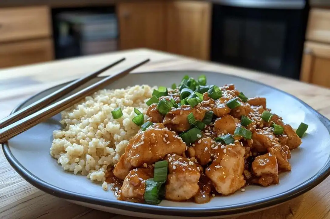 Chinese peanut butter chicken served with cauliflower rice