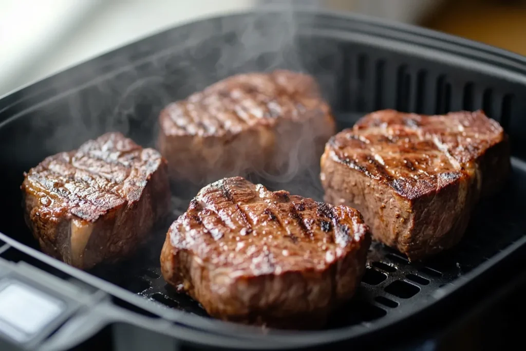 Beef steaks cooking in an air fryer basket with steam rising.