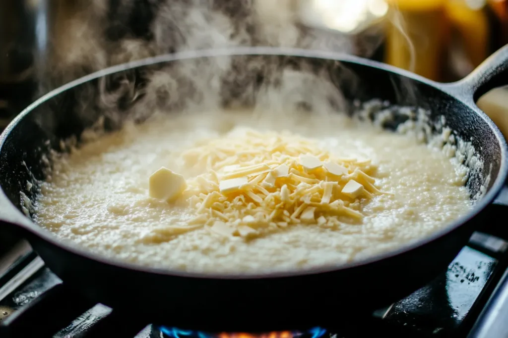 Creamy grits being stirred with butter in a cast iron pot