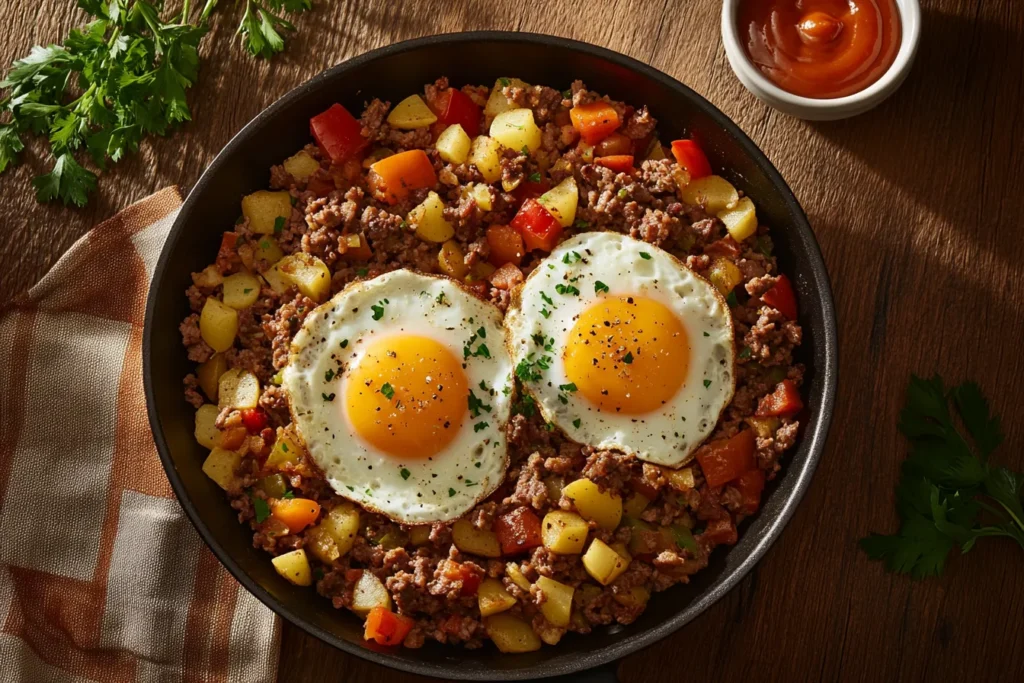 A skillet of corned beef hash with potatoes, onions, and eggs