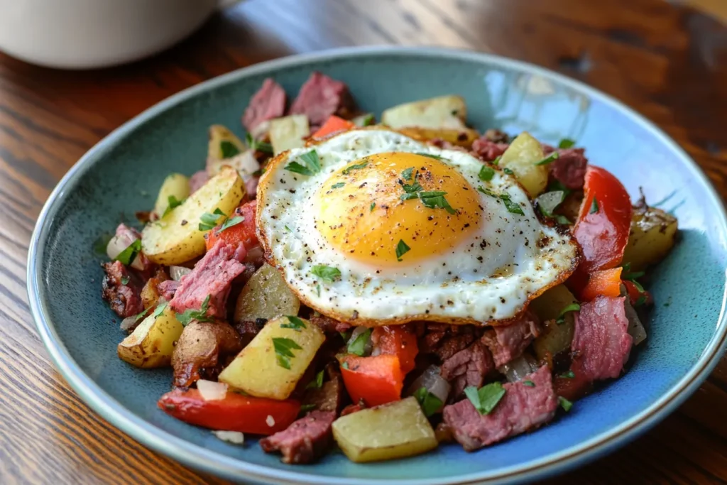 Corned beef hash with potatoes, bell peppers, and a fried egg