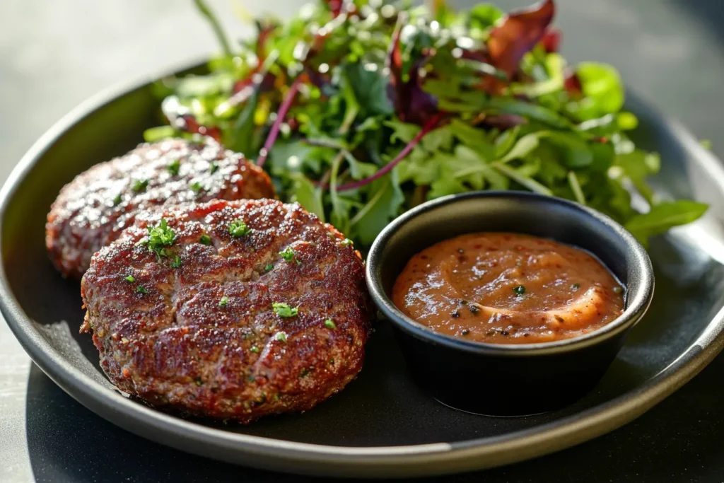 Golden corned beef patties served with salad and dipping sauce