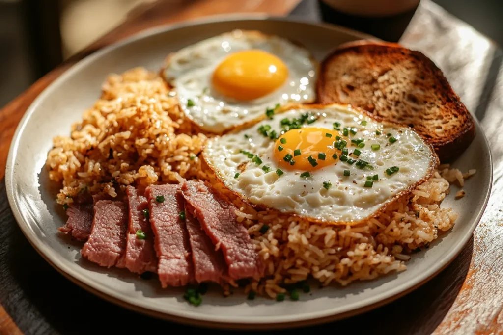 A breakfast plate with canned corned beef, egg, toast, and fried rice