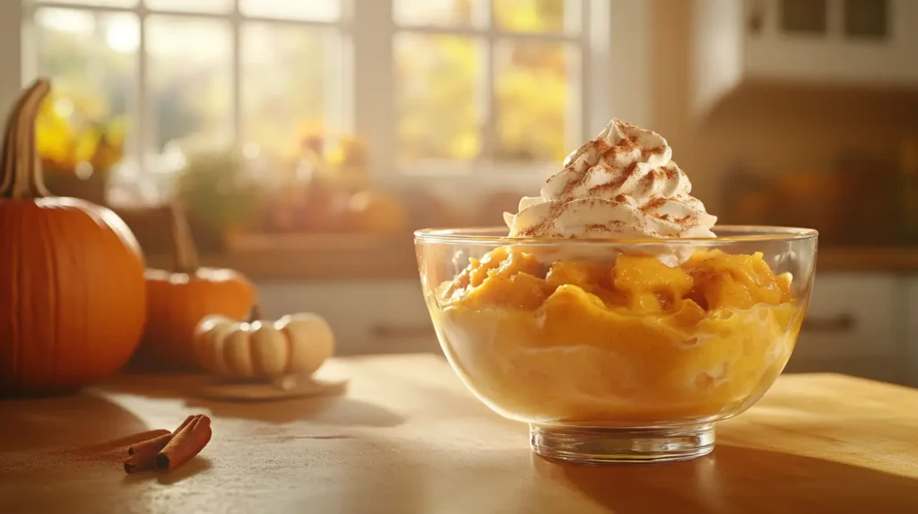 A creamy microwavable pumpkin pudding topped with whipped cream and cinnamon