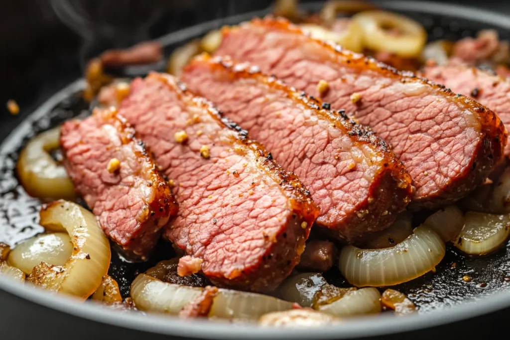 Canned corned beef frying in a skillet with onions and garlic