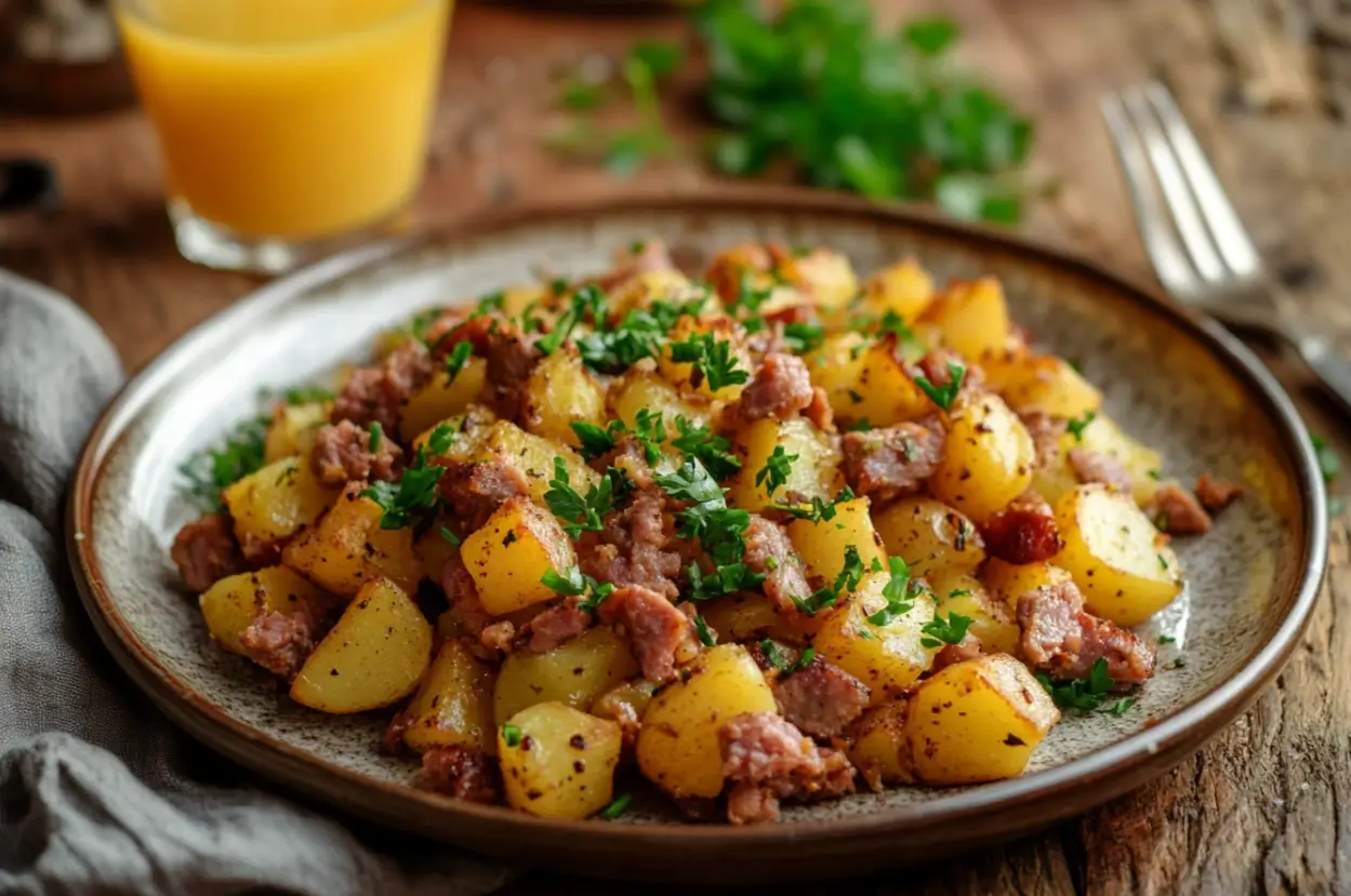 A plate of crispy canned corned beef hash with potatoes and parsley