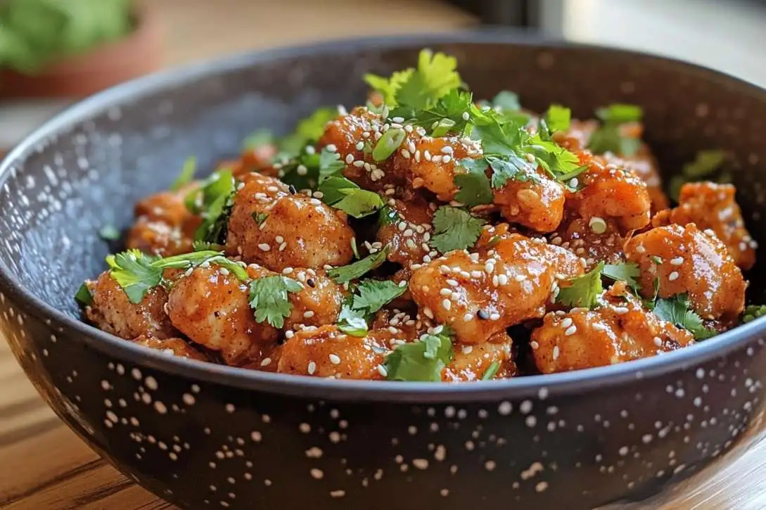 A rustic serving of peanut butter chicken garnished with fresh cilantro and sesame seeds