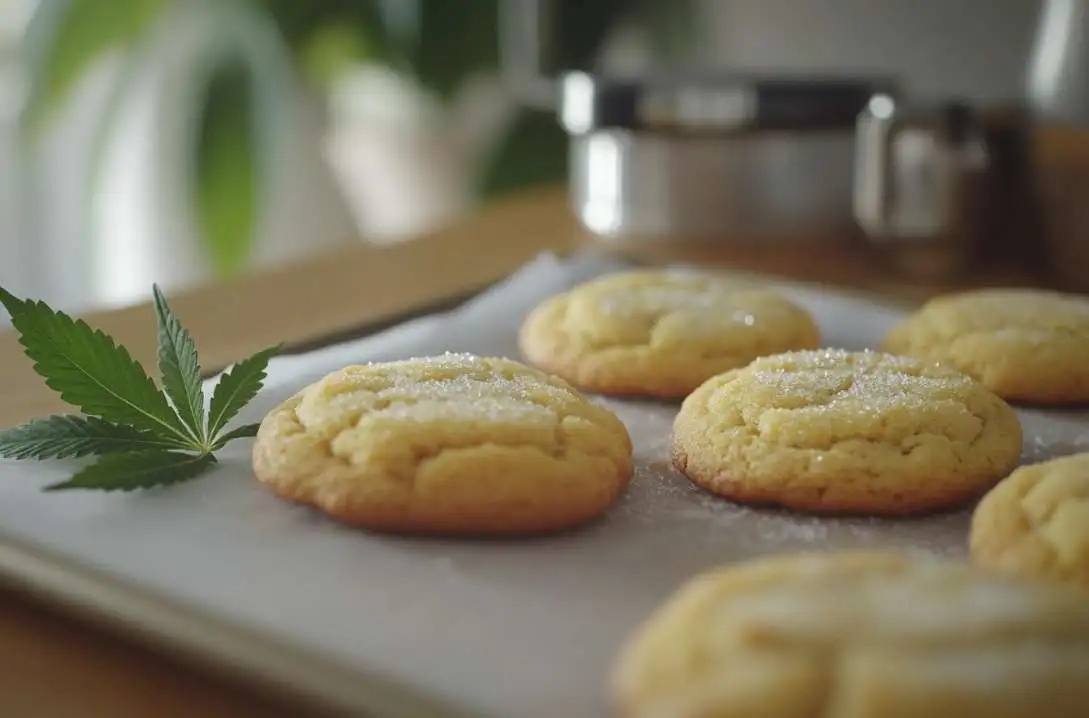 Golden brown cannabis cookies with a cannabis leaf on a wooden table