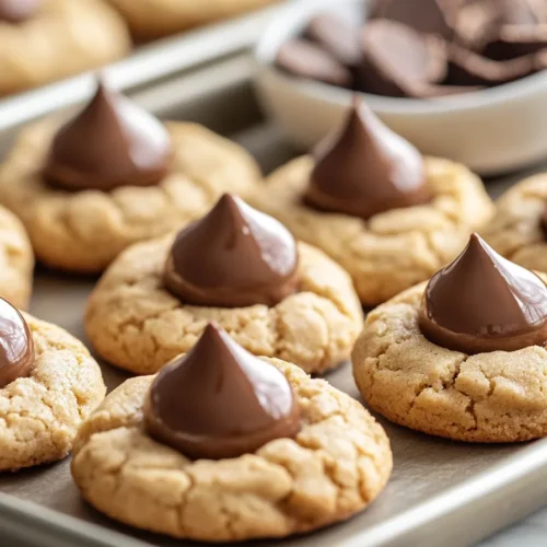 A tray of freshly baked peanut butter blossom cookies topped with chocolate kisses, displayed on a metal baking sheet with a bowl of chocolate pieces in the background