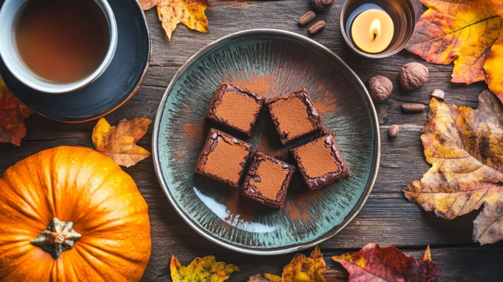 Fudgy no egg pumpkin brownies dusted with cocoa powder on a rustic table