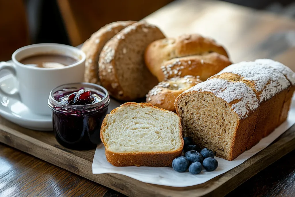 A tray of gluten-free bread, bagels, and a muffin with coffee and jam