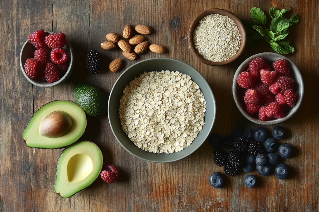 A variety of gluten-free breakfast staples, including oats, quinoa, fruits, and nuts