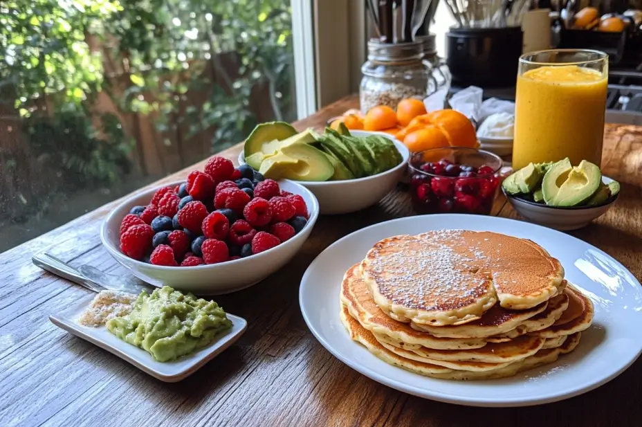 A colorful table with gluten-free pancakes, berries, smoothie, and avocado toast.