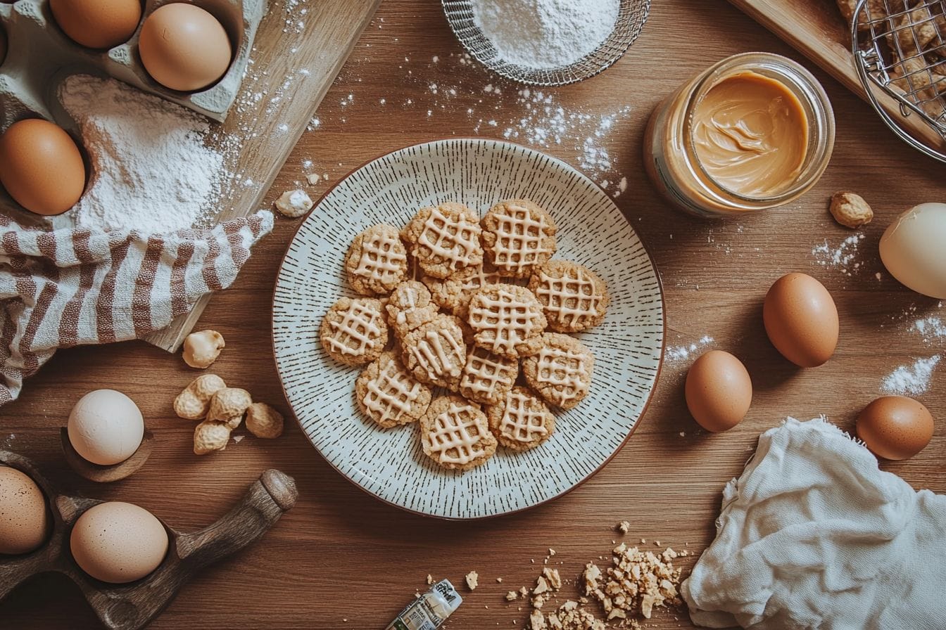 A plate of golden gluten-free peanut butter cookies on a wooden table surrounded by baking ingredients