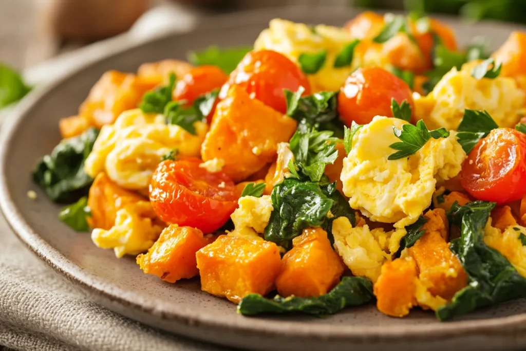 A plate of sweet potato hash with scrambled eggs and spinach, a gluten-free breakfast option