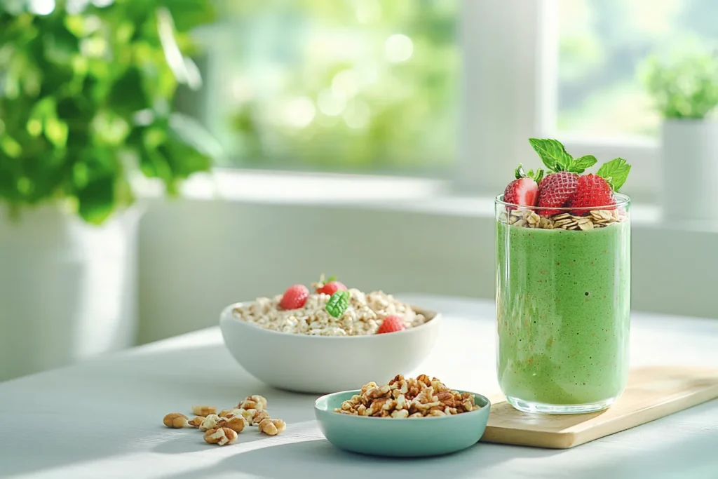 A green smoothie and a jar of overnight oats with strawberries, a gluten-free breakfast option