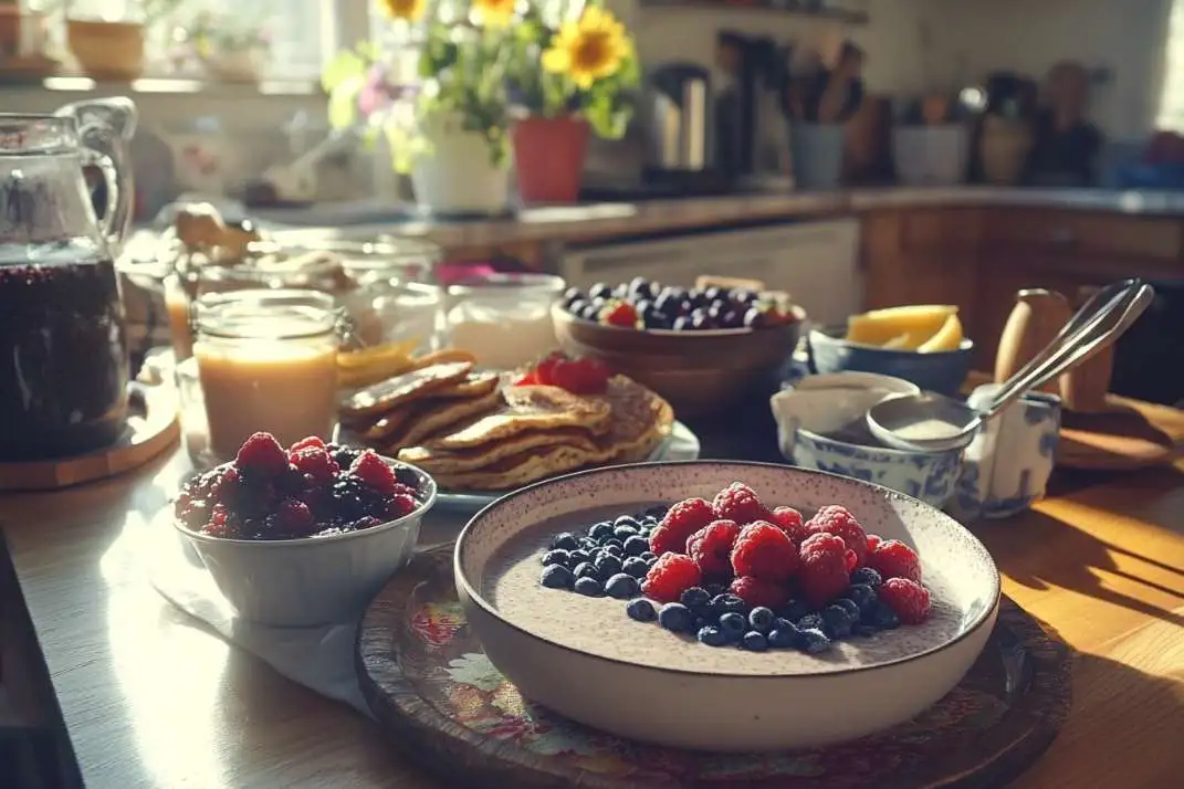 A cozy table with gluten-free and egg-free breakfast options like chia pudding, almond flour pancakes, and a smoothie bowl