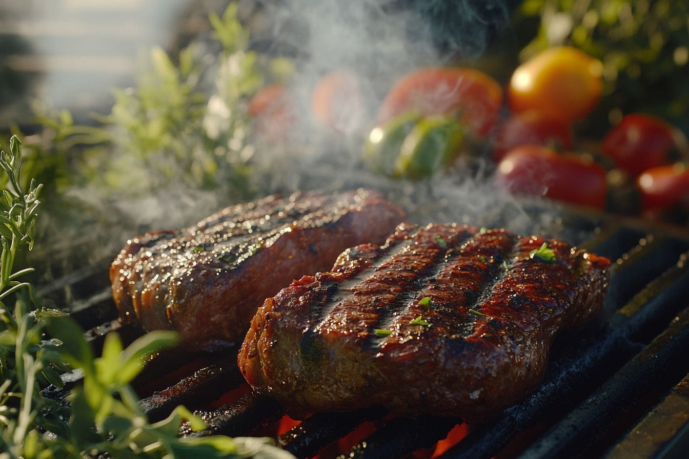 Grilled beef flaps with fresh herbs and vegetables