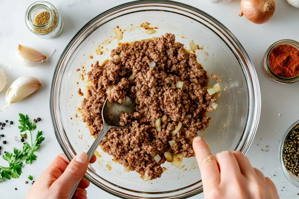 Ground beef mixed with spices in a bowl, ready for air frying.