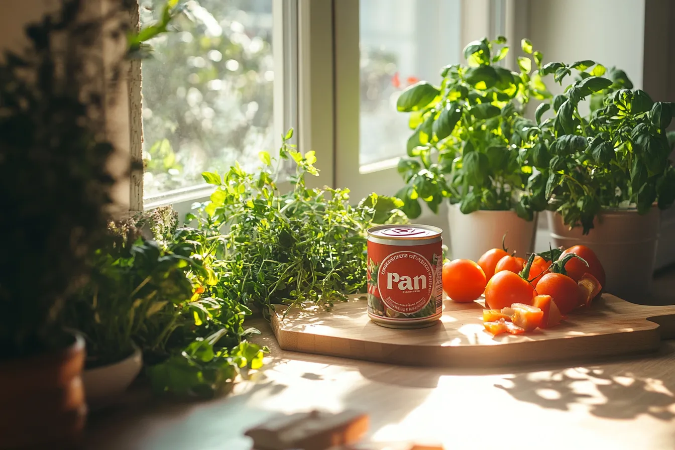 Is it safe to eat raw Spam? Unopened can of Spam with fresh vegetables and a kitchen setup