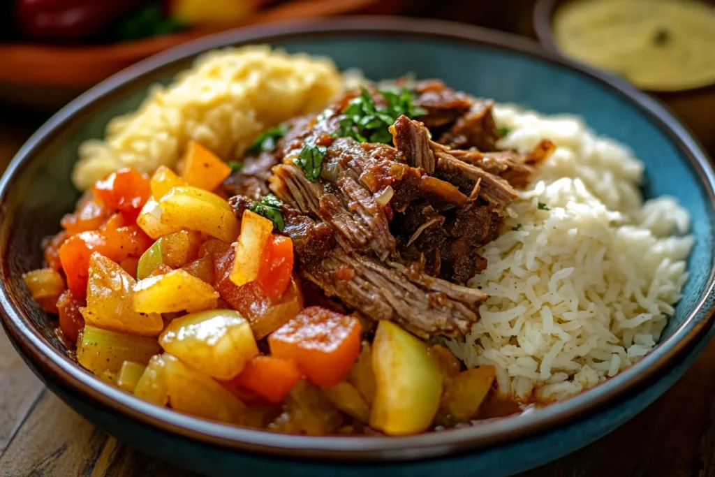 A plate of Jamaican corned beef stew with cabbage and bell peppers served over rice