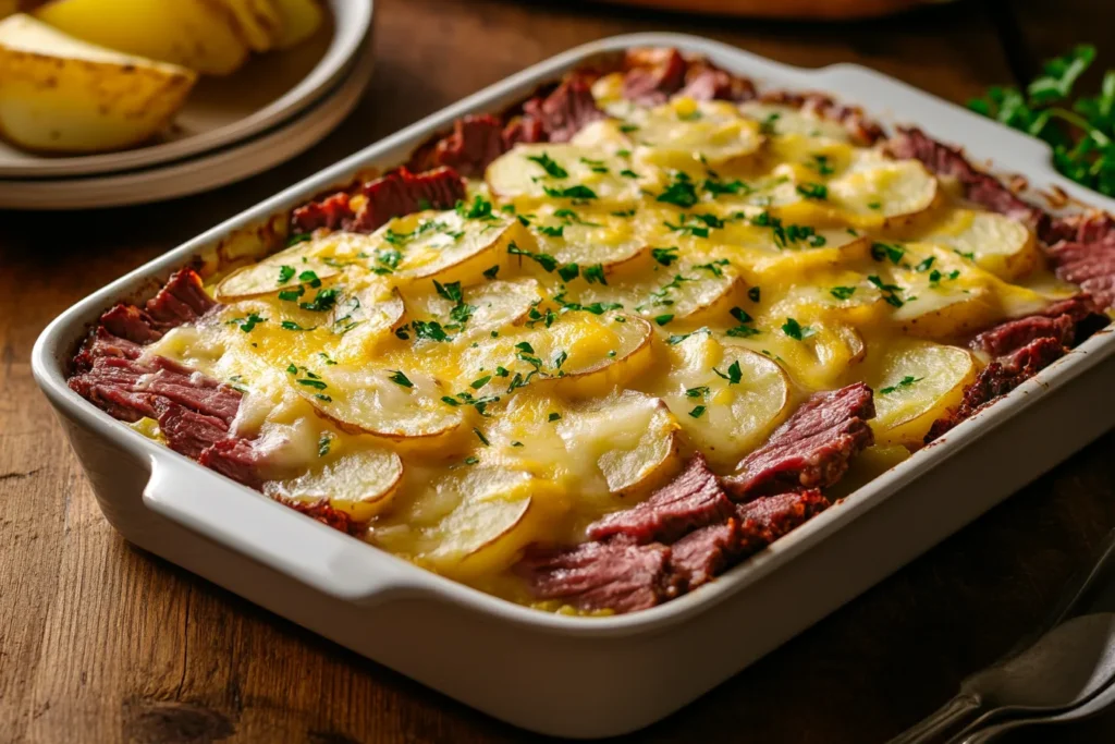 Corned beef casserole with potatoes and cheese, garnished with parsley