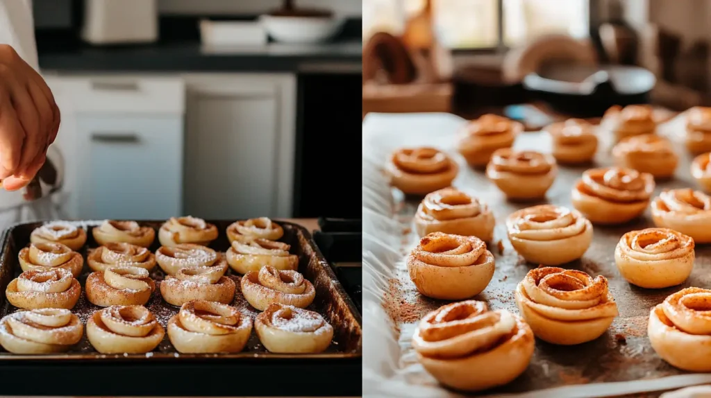 Step-by-step process of assembling apple blossom desserts on a baking tray.