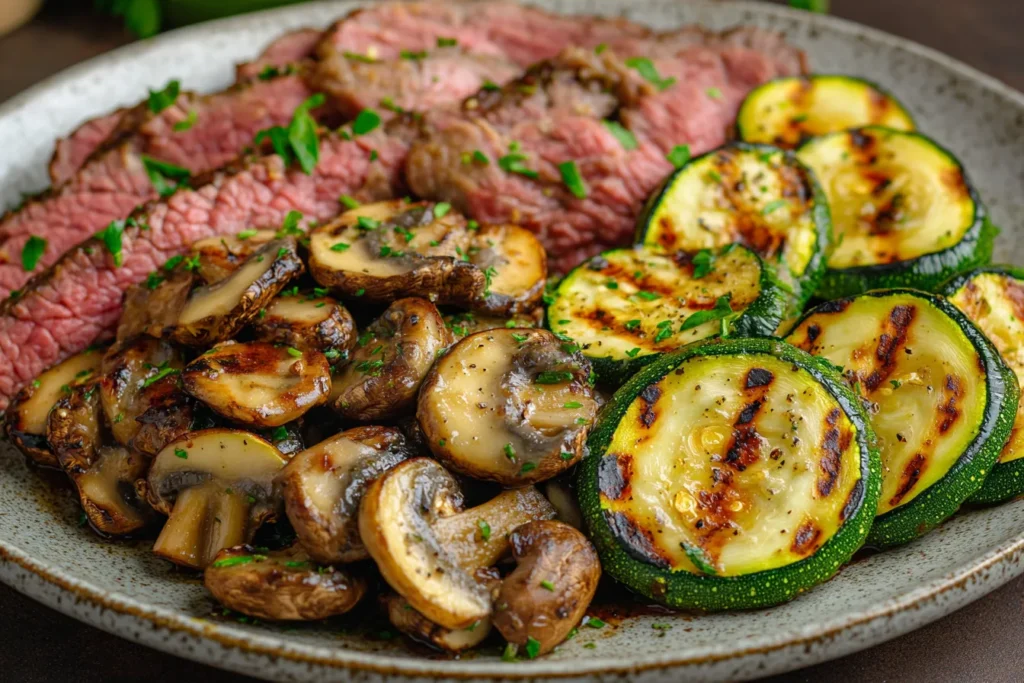 Sautéed mushrooms and grilled zucchini slices served with corned beef