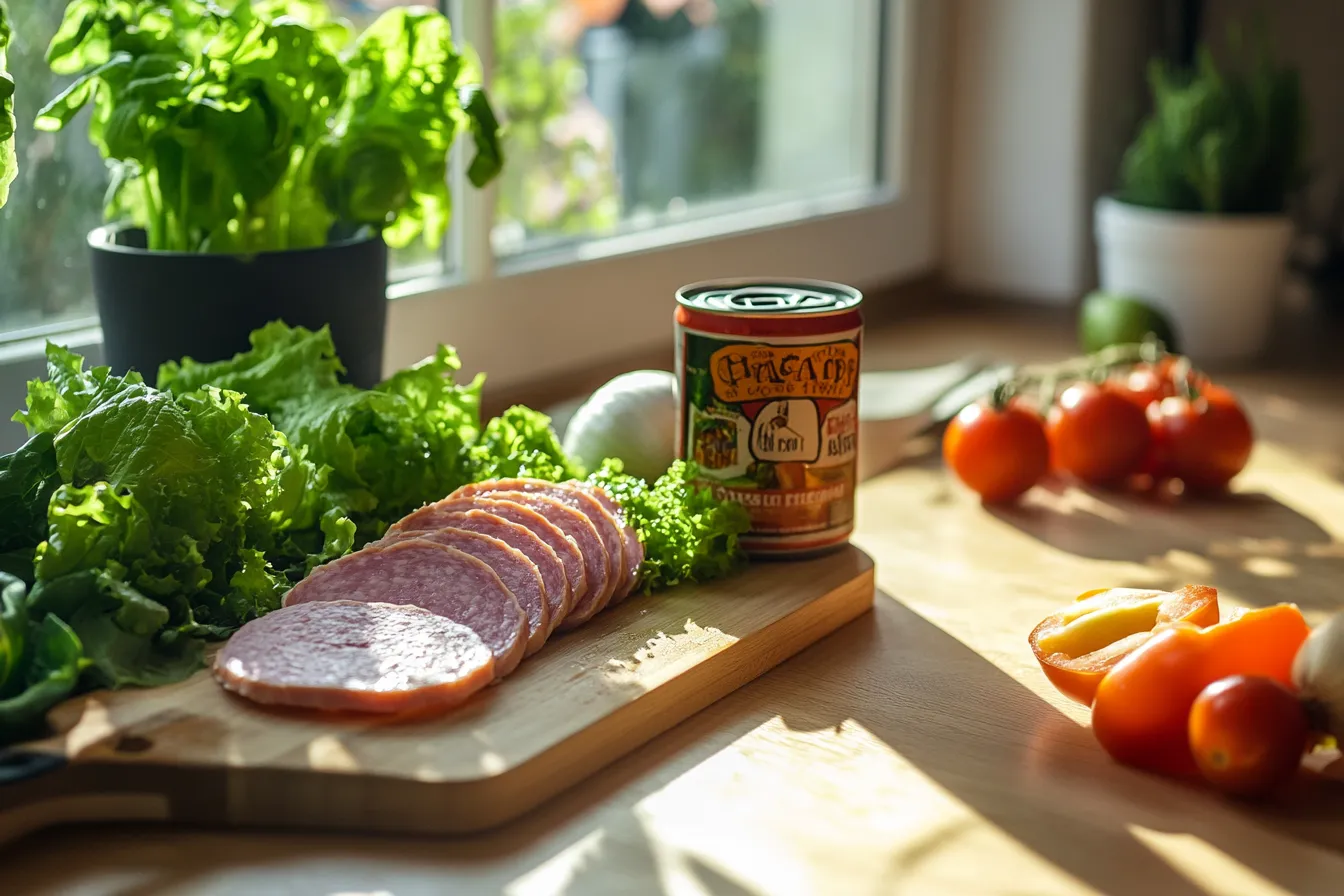 Open can of Spam on a wooden cutting board with vegetables