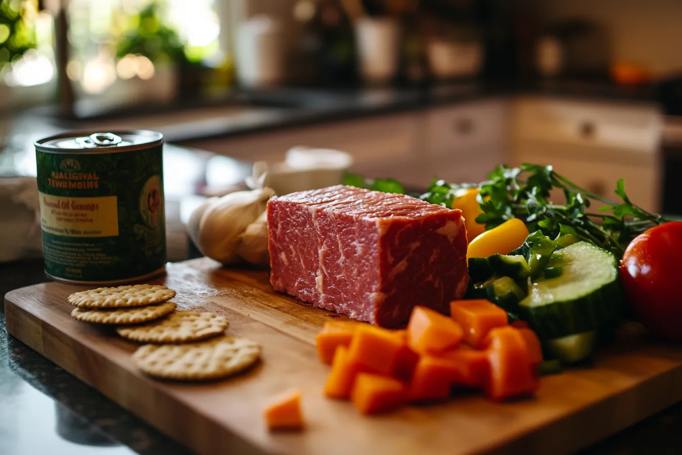 Opened can of corned beef on a cutting board with fresh vegetables and crackers