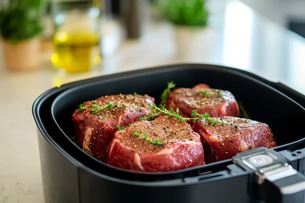 Raw beef steaks marinated with spices next to an air fryer on a kitchen counter.