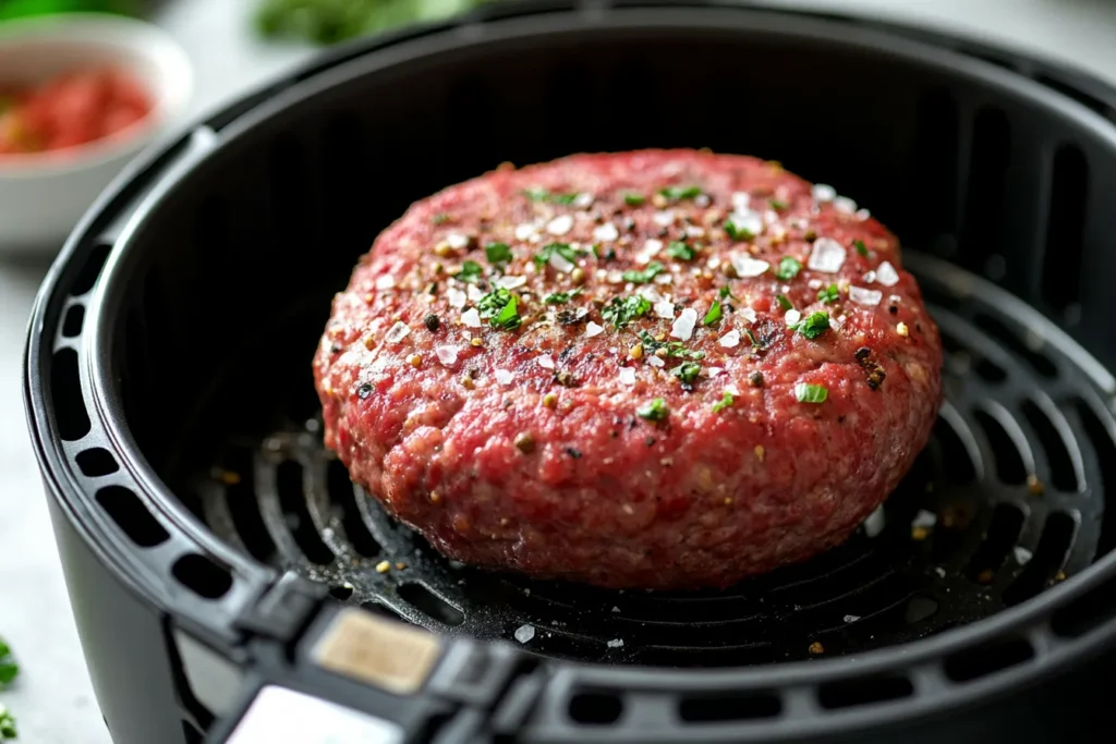 A raw seasoned hamburger patty placed in an air fryer basket.