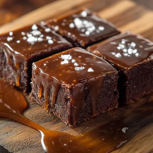 Close-up of rich chocolate brownies topped with gooey salted caramel sauce and sprinkled with flaky sea salt, served on a rustic wooden board