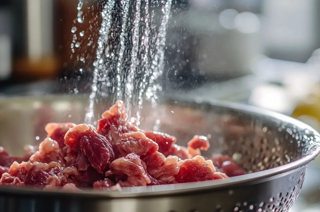 Canned corned beef being rinsed in a colander under cold water