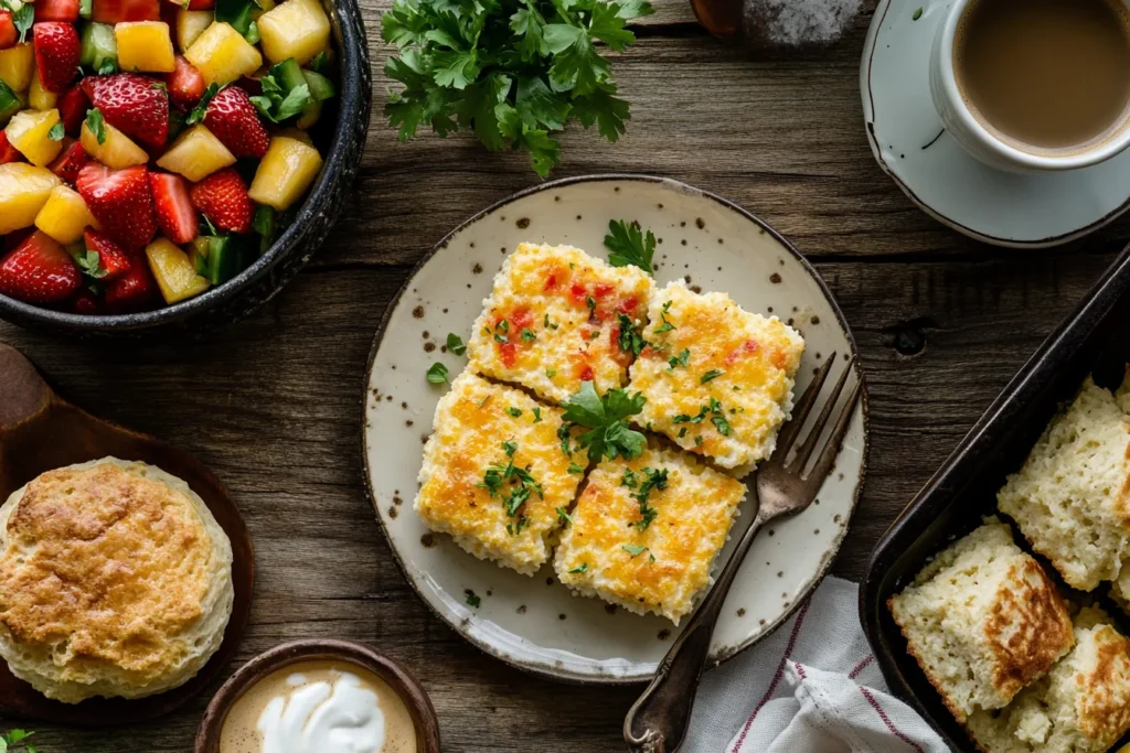 Sliced grits casserole served with biscuits, fruit salad, and coffee