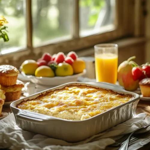 A Southern grits casserole topped with melted cheese on a breakfast table