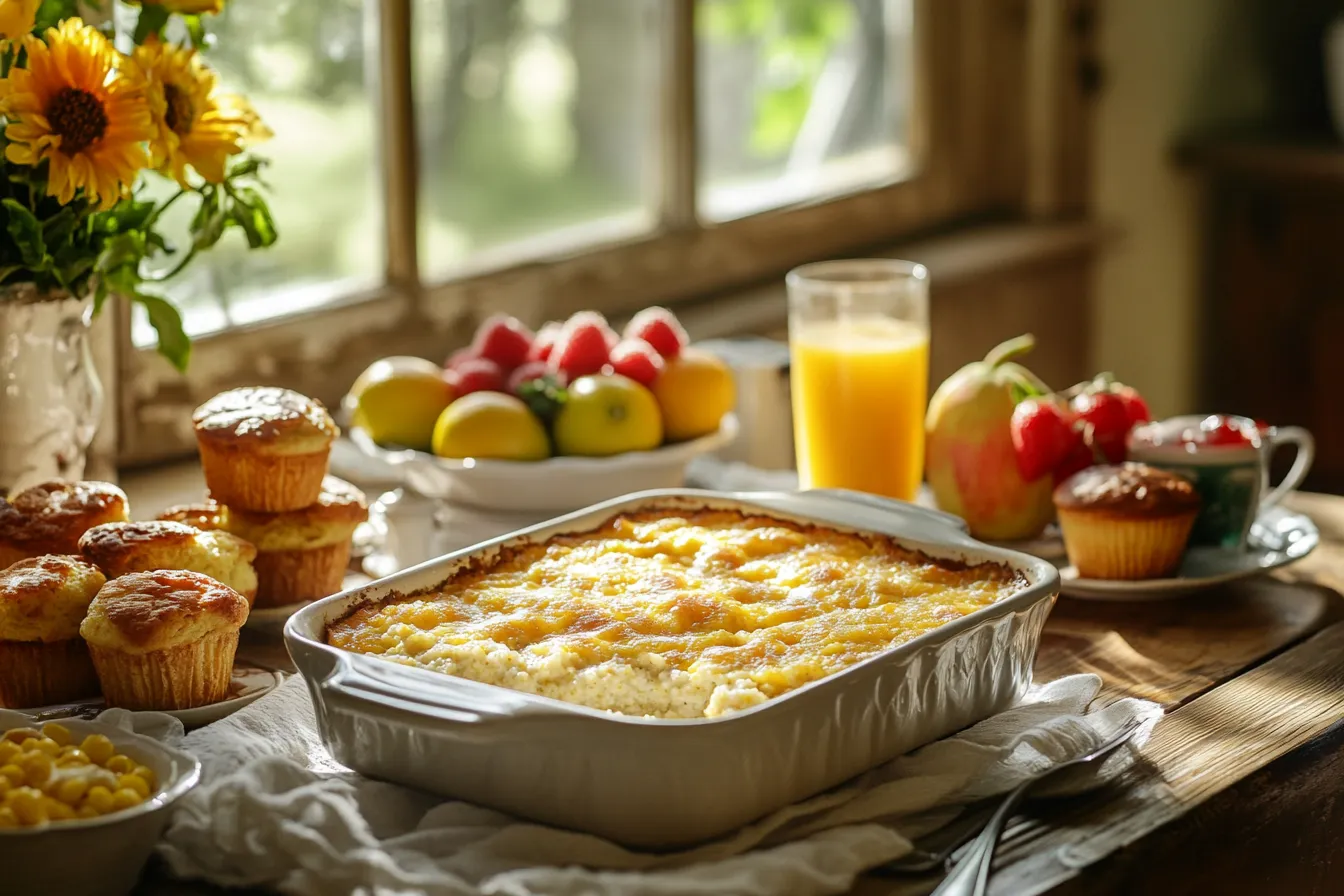 A Southern grits casserole topped with melted cheese on a breakfast table