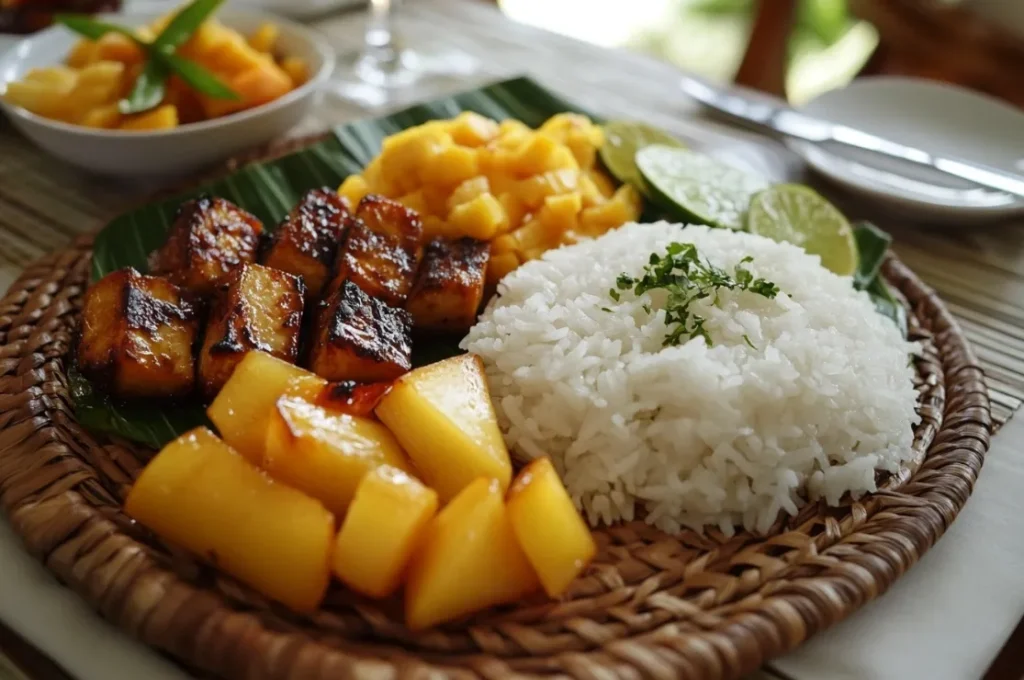 A close-up of a Filipino meal with rice, adobo, and tropical fruits.
