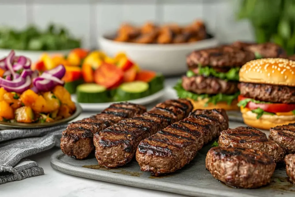A variety of air fryer-cooked beef dishes, including steak, kebabs, and burgers.