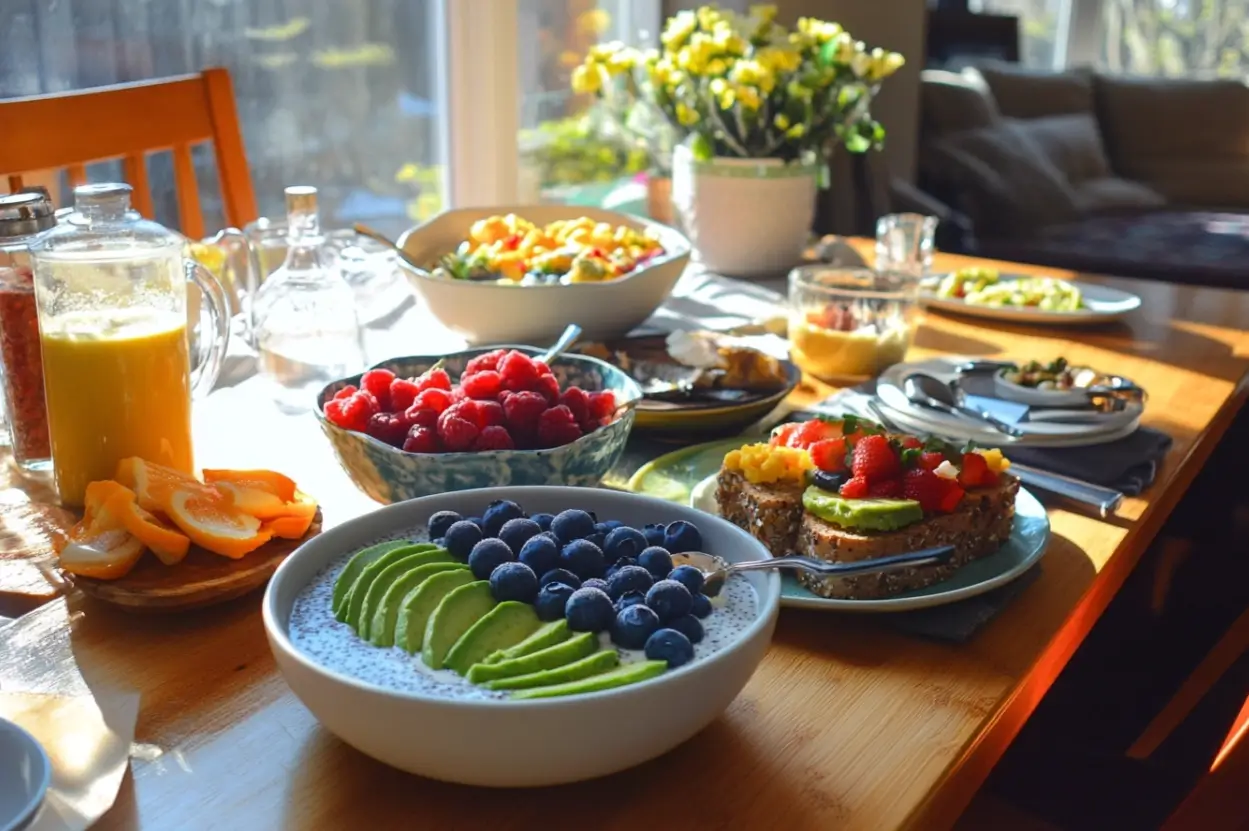 A vibrant vegan breakfast table with avocado toast, chia pudding, and a smoothie bowl in a sunny, rustic setting.