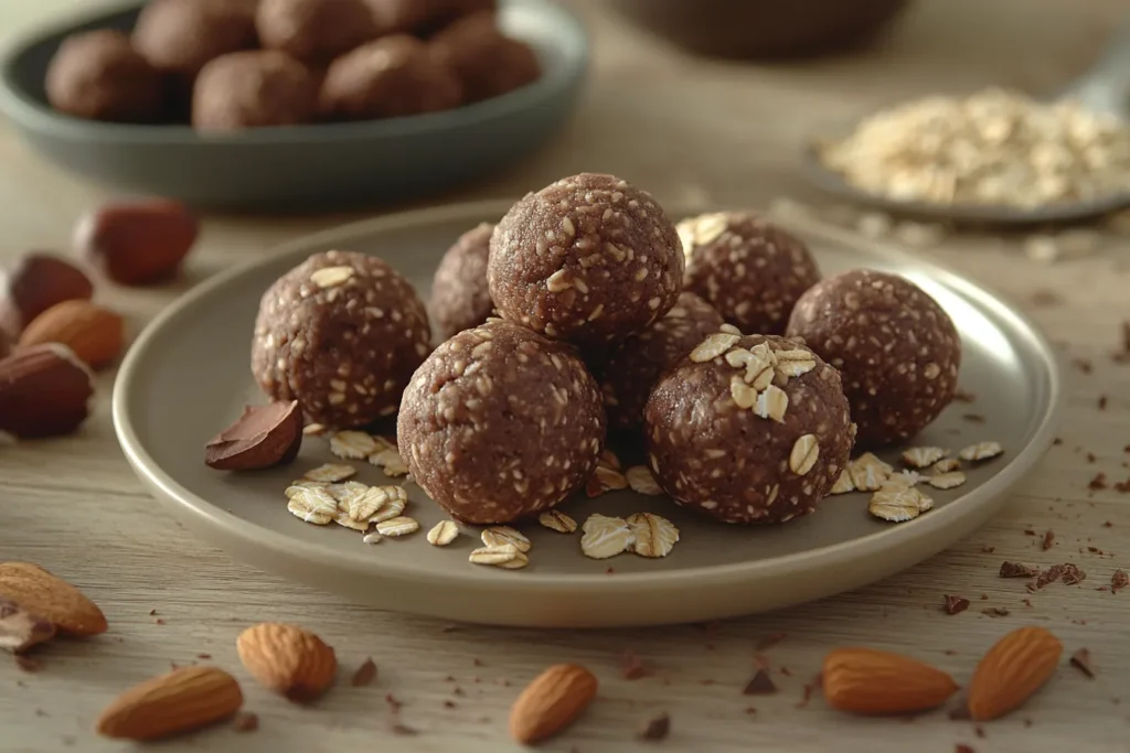 A plate of vegan energy balls made with dates, almond butter, and cocoa powder