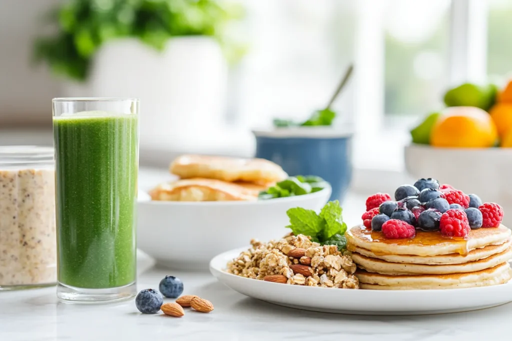 A healthy breakfast spread with a green smoothie, oatmeal with berries, and vegan gluten-free pancakes