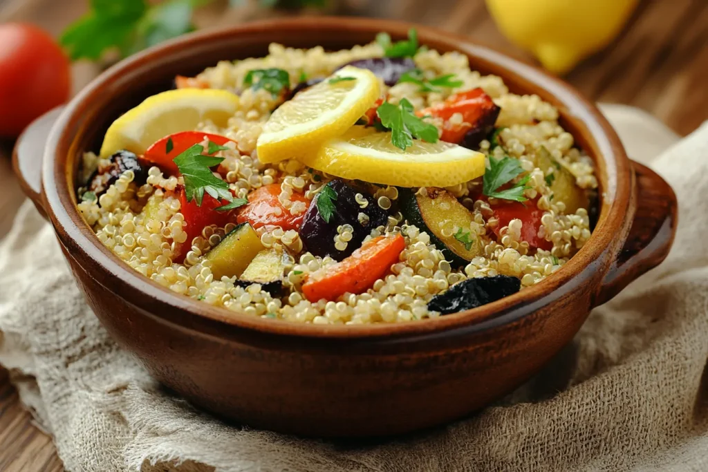 A bowl of cooked quinoa and millet topped with roasted vegetables and fresh parsley
