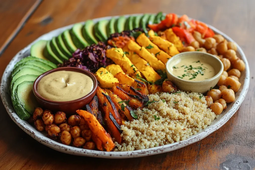 A colorful vegan and gluten-free meal platter with quinoa, vegetables, avocado, and chickpeas