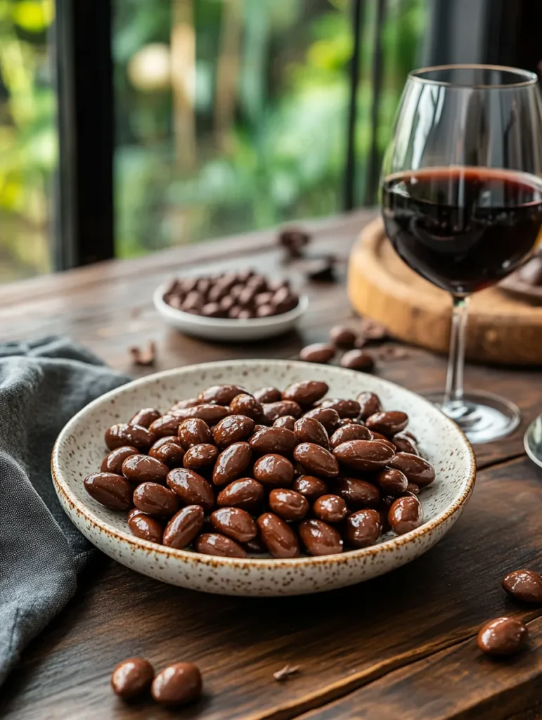 Chocolate covered almonds served with coffee and wine on a rustic table