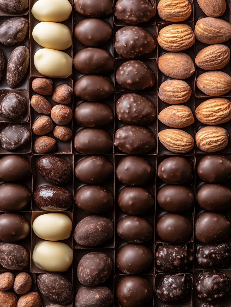 An assortment of chocolate covered almonds in gourmet packaging