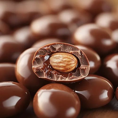 Shiny chocolate covered almonds with a crunchy almond center